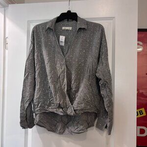 NWT Lou & Gray for Loft Light Gray and Metallic Wrap Style Blouse